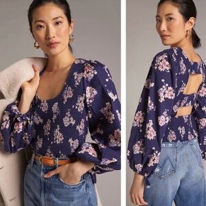 Anthropologie Smocked Floral Balloon Sleeve cut out back blouse top, size Small